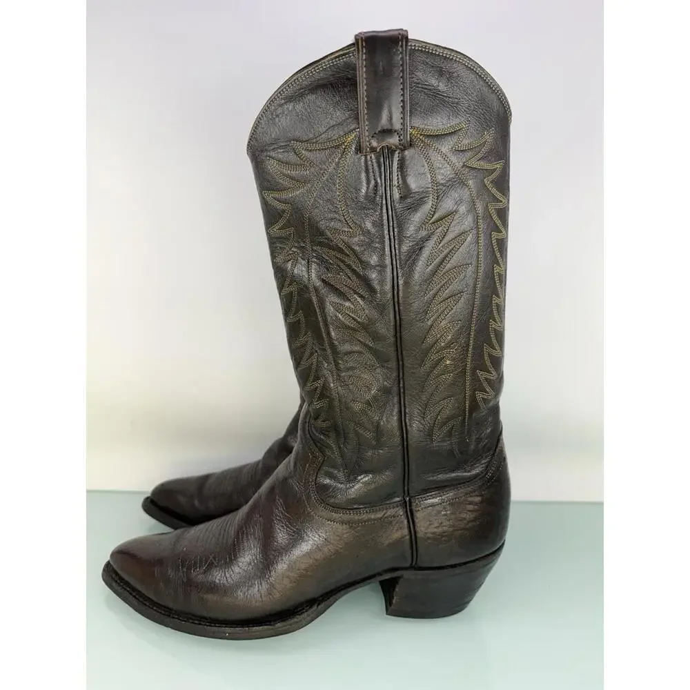 Justin True Vintage 70s White Label Fort Worth Cowboy Boots Brown Leather 9D USA